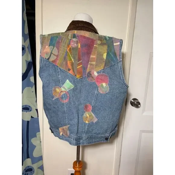 Vintage Handmade Jean Vest Jacket Patchwork Art to Wear Medium Fairy Corduroy - Picture 3 of 6